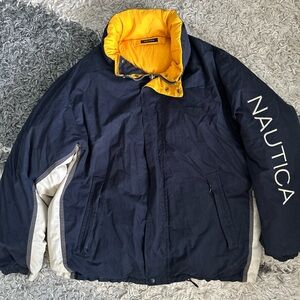 Nautica Vintage Navy Blue Gray Cream Puffer Jacket Sz XXL Reversible Yellow 90’s